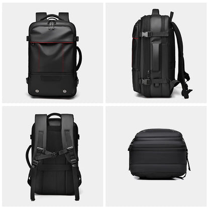 Black backpacks shown from different angles on a white background