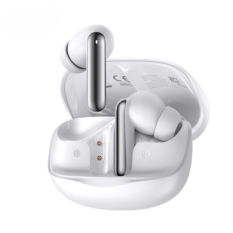 White wireless earbuds with charging case on a white background