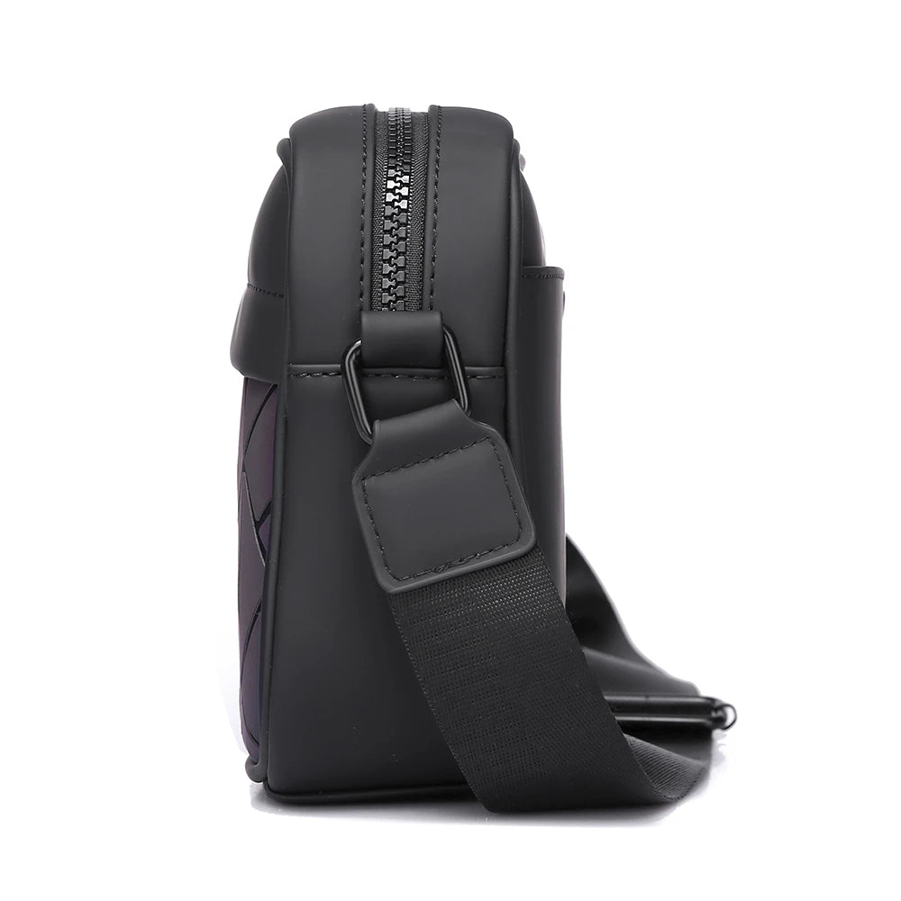 Black crossbody bag with a strap on a white background