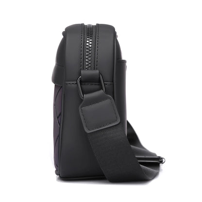 Black crossbody bag with a strap on a white background