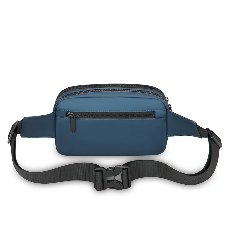 Blue waist bag with black strap on a white background