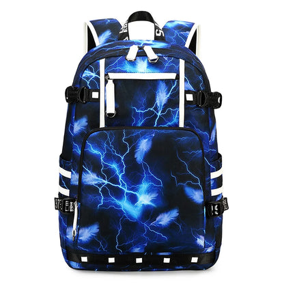 Backpack with blue lightning pattern on a white background
