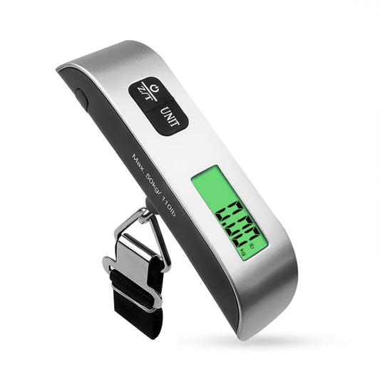 Digital luggage scale with a green display on a white background