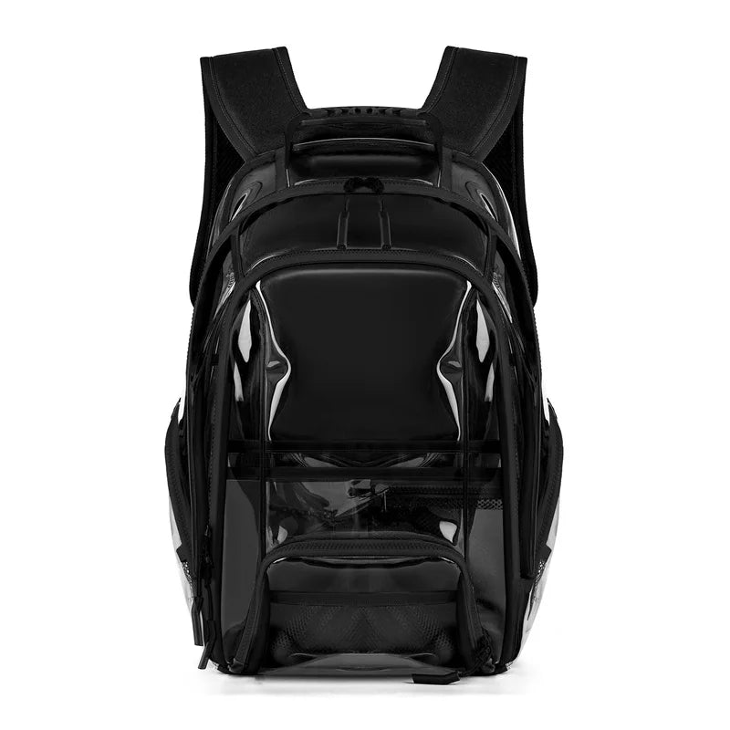 Black backpack with clear side panels on a white background
