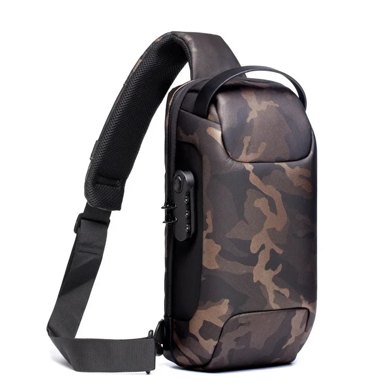 Camouflage-patterned sling bag with visible WEIXIER branding on a white background