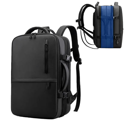 Black backpack with a side view showing a blue compartment on a white background
