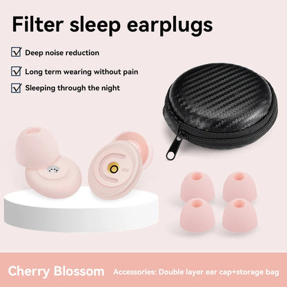 Filter sleep earplugs with case and accessories on a light pink background