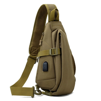 Khaki sling bag with a strap on a white background
