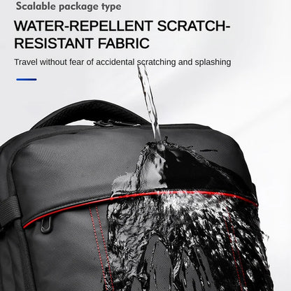 Backpack with water repellent scratch resistant fabric being tested with water splashing on it.