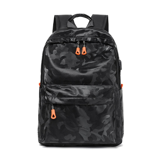Black camouflage backpack with orange zippers on a white background