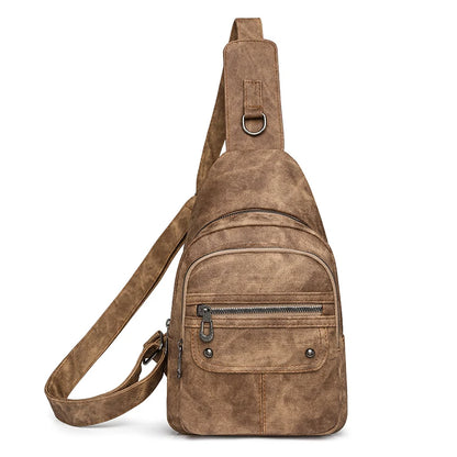 Brown suede sling bag on a white background