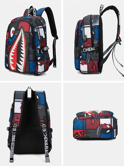 Multicolored backpack with shark design and text on a white background