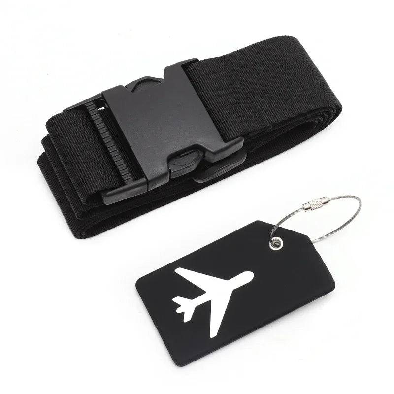 Black luggage strap with a black tag featuring an airplane icon on a white background