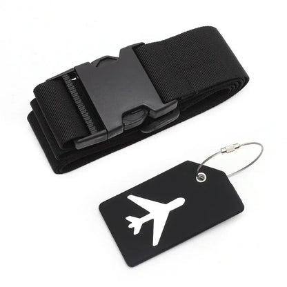 Black luggage strap with a black tag featuring an airplane icon on a white background