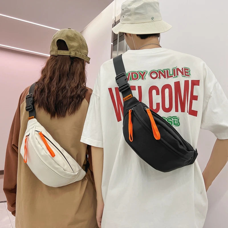 Two people wearing waist bags with visible text on a plain background