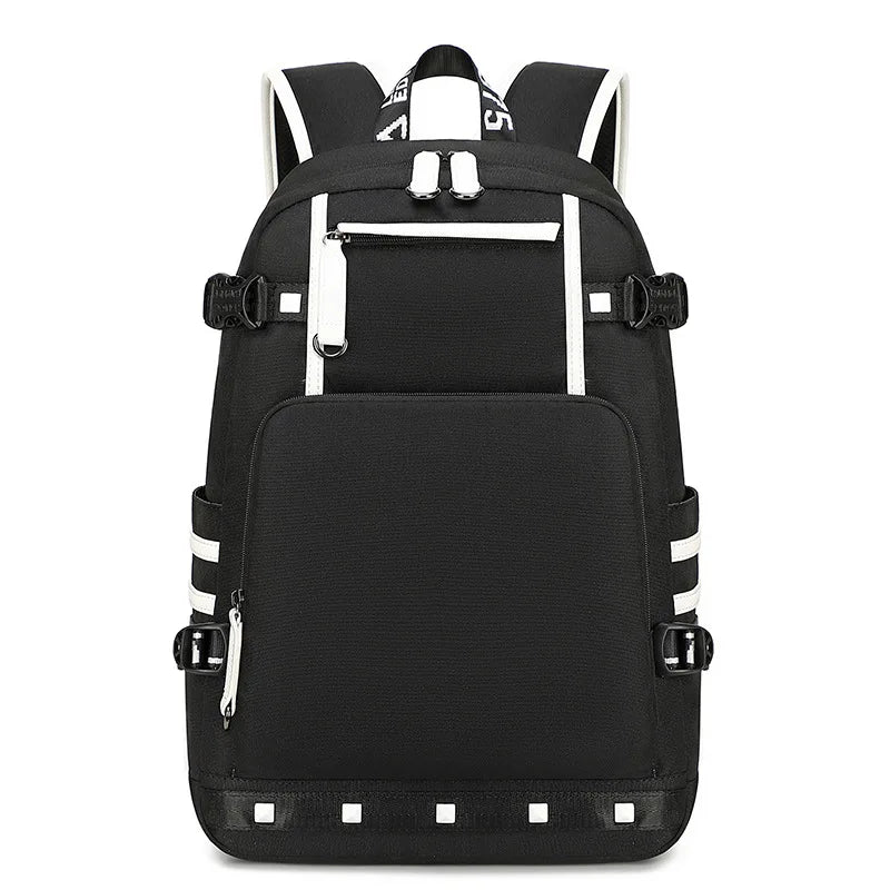 Black backpack with white accents on a white background