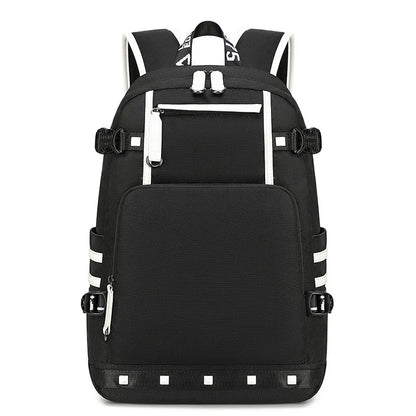 Black backpack with white accents on a white background