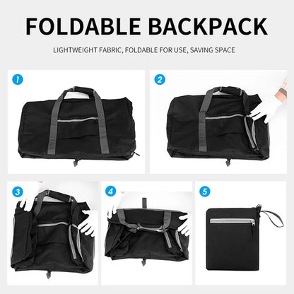 Foldable backpack being shown in various stages of folding on a white background