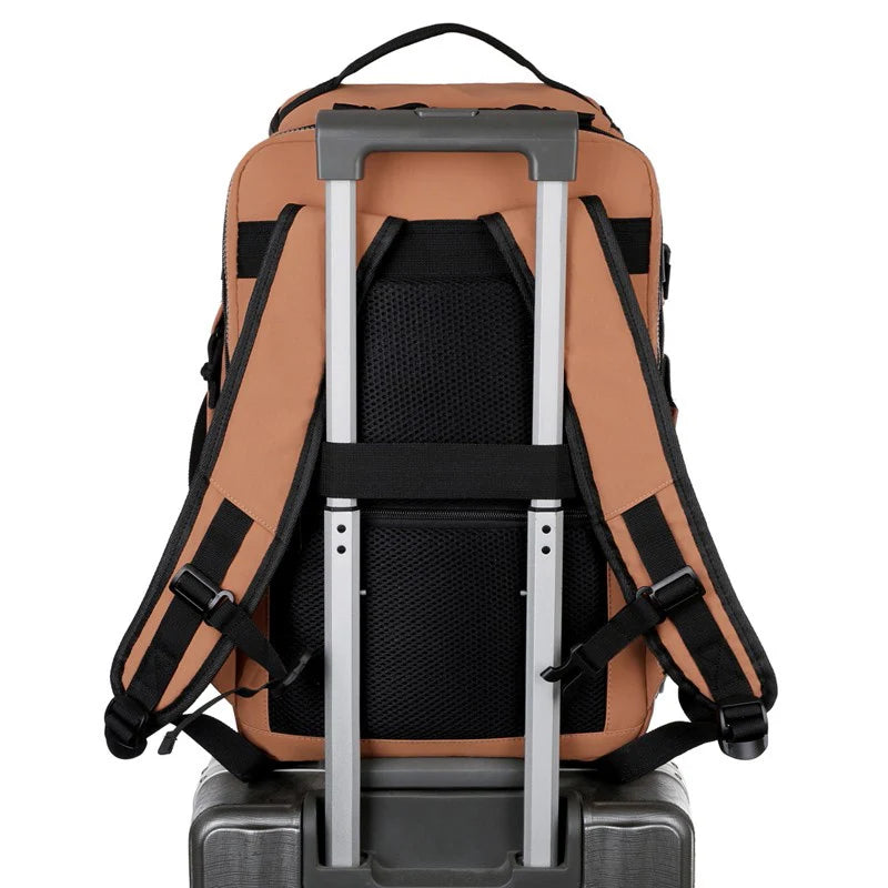 Brown backpack with rolling mechanism on a white background
