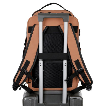 Brown backpack with rolling mechanism on a white background