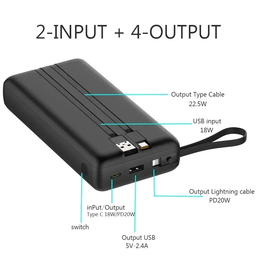 Black power adapter with labeled inputs and outputs on a white background