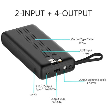 Black power adapter with labeled inputs and outputs on a white background