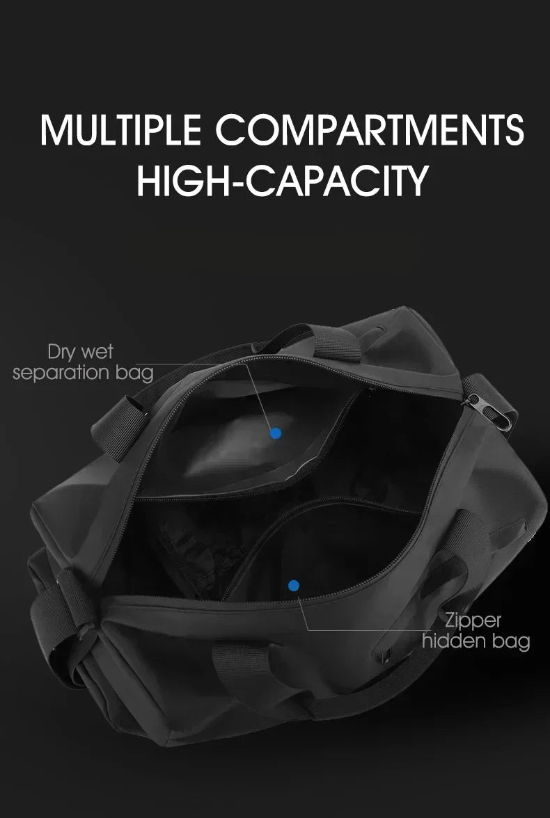 Black bag with compartments labeled on a black background