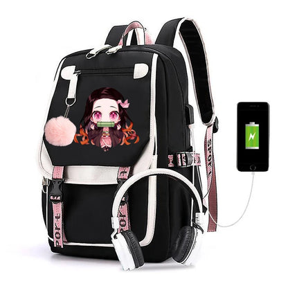 Black backpack with anime character design, USB cable, and smartphone on a white background