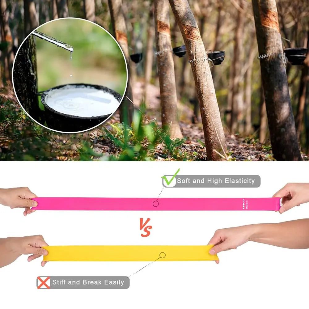 Comparison of soft, high-elasticity rubber band versus stiff, breakable rubber band with a forest background.