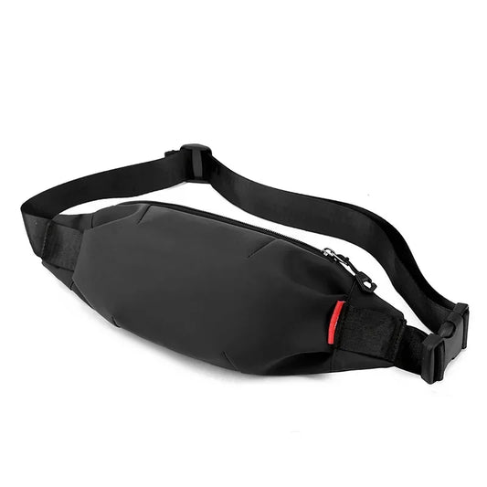 Black waist bag with a red zipper on a white background