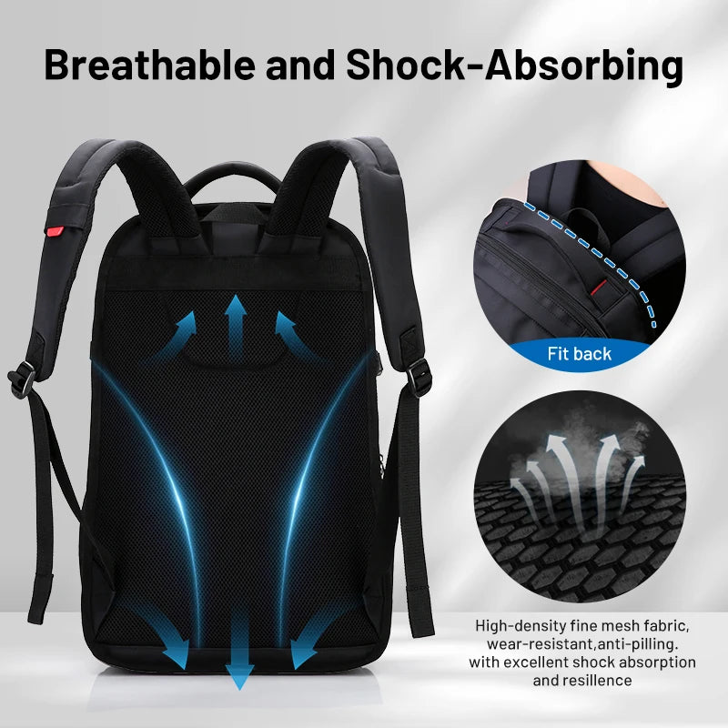 Black backpack with text highlighting breathable and shock-absorbing features on a gray background