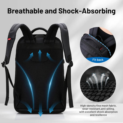 Black backpack with text highlighting breathable and shock-absorbing features on a gray background