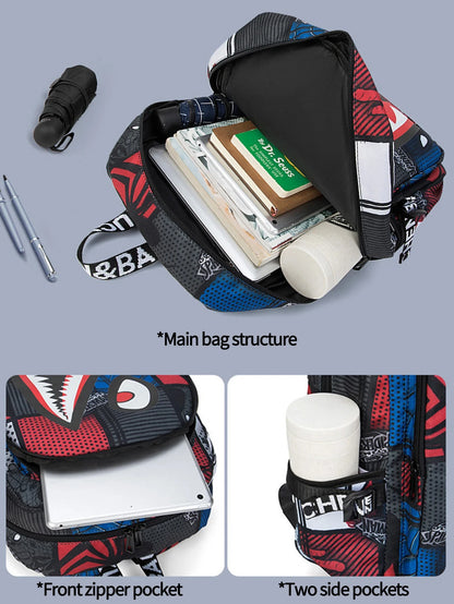 Multicolored bag with various compartments and items on a gray background