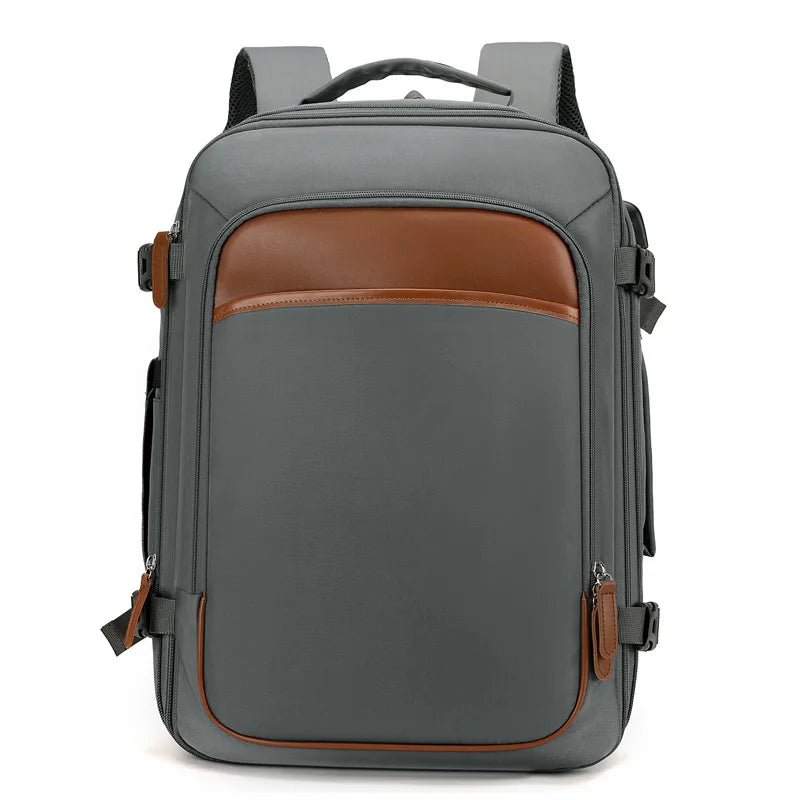 Gray backpack with brown accents on a white background