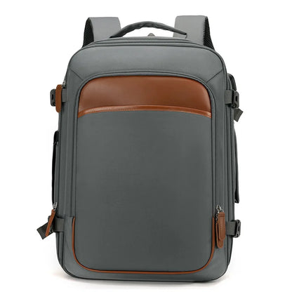 Gray backpack with brown accents on a white background