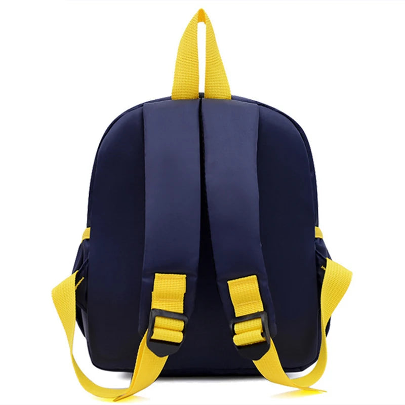 Navy blue backpack with yellow straps on a white background
