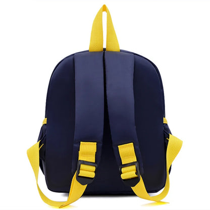 Navy blue backpack with yellow straps on a white background