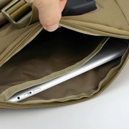 Brown bag with a zipper being opened to reveal a silver laptop inside.