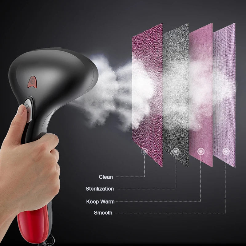 Hand holding a steam cleaner with smoke emanating, next to fabric samples labeled for cleaning functions.