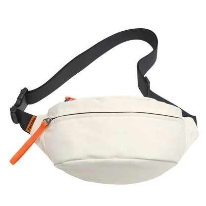 White waist bag with black strap and orange zipper on a white background