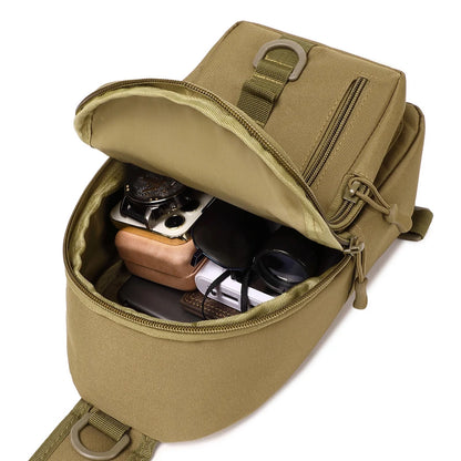 Kaki green tactical pouch with compartments and straps on a white background