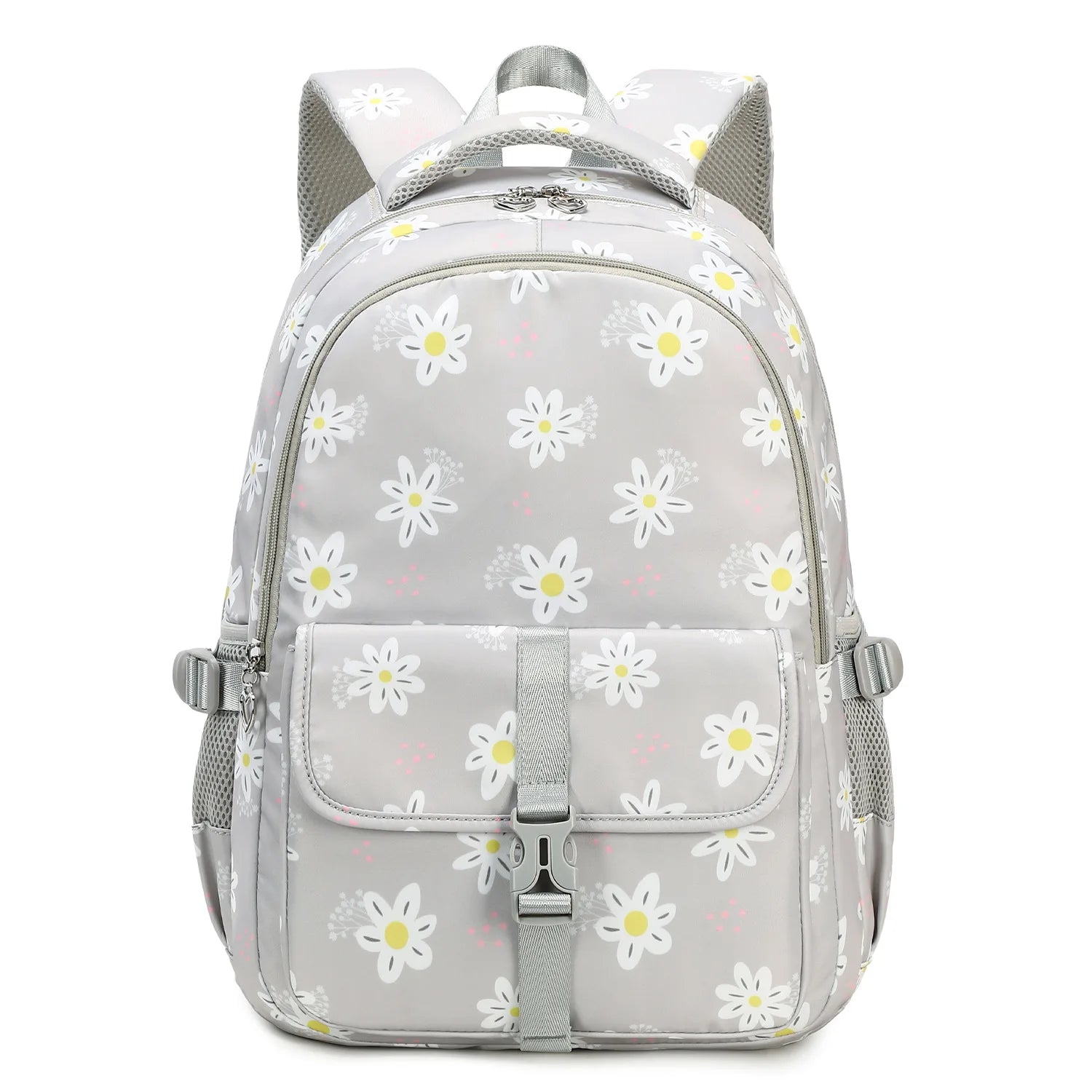 Gray backpack with white daisy pattern on a white background