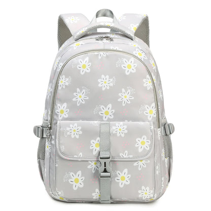 Gray backpack with white daisy pattern on a white background