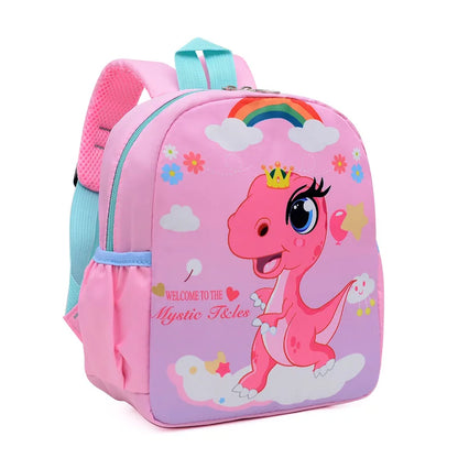 Pink children's backpack with a dinosaur design on a white background