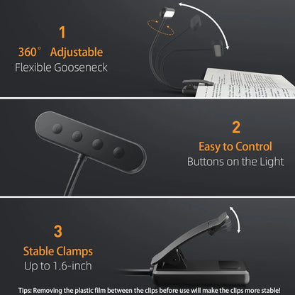 Light fixture with adjustable gooseneck, easy-to-control buttons, and stable clamps on a dark background.