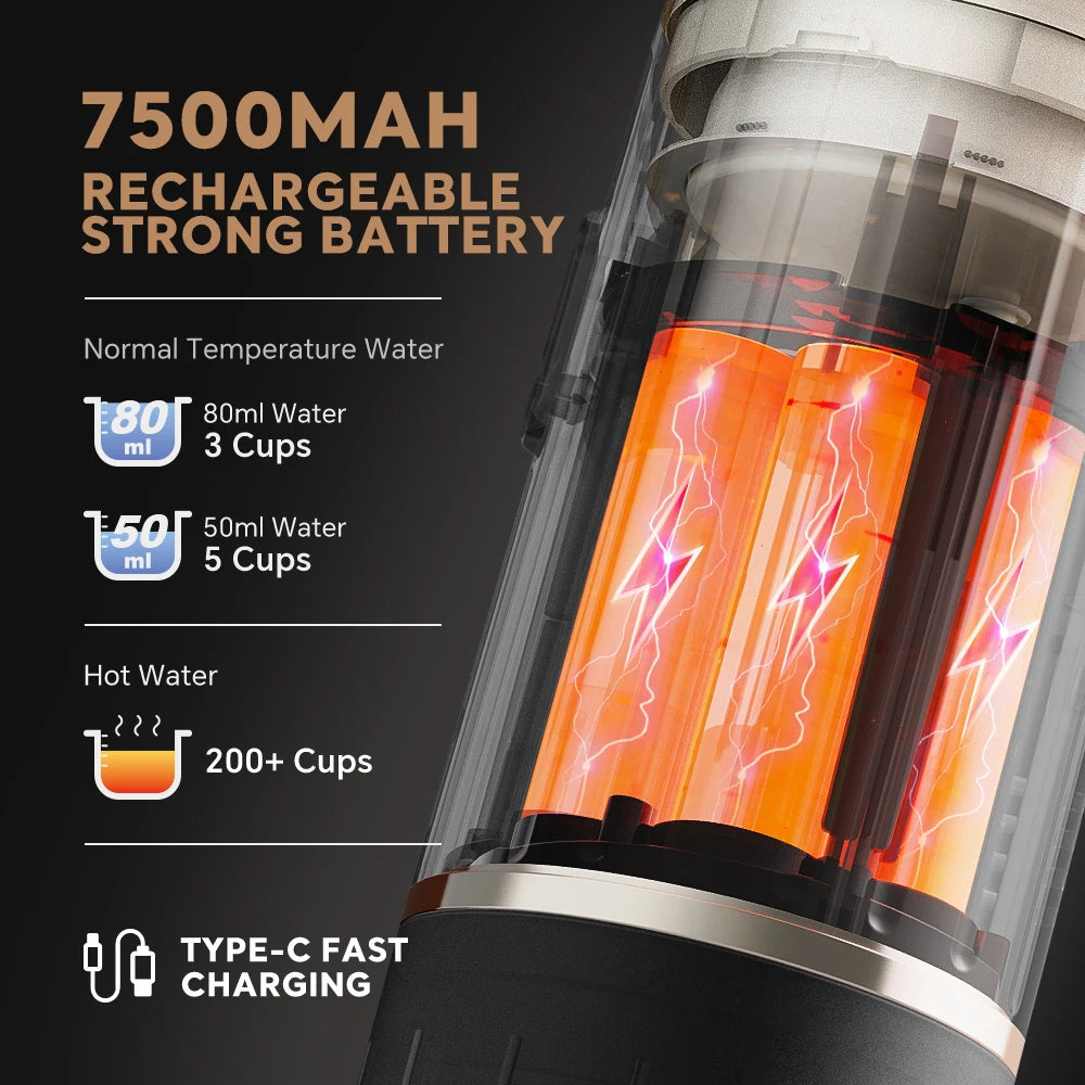 Hot water dispenser with battery information on a dark background