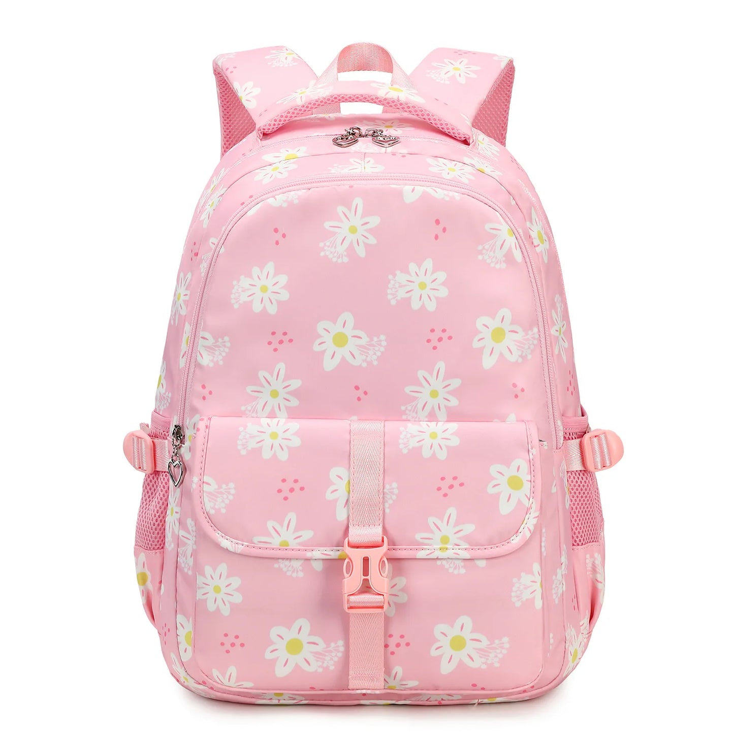 Pink backpack with daisy pattern on a white background