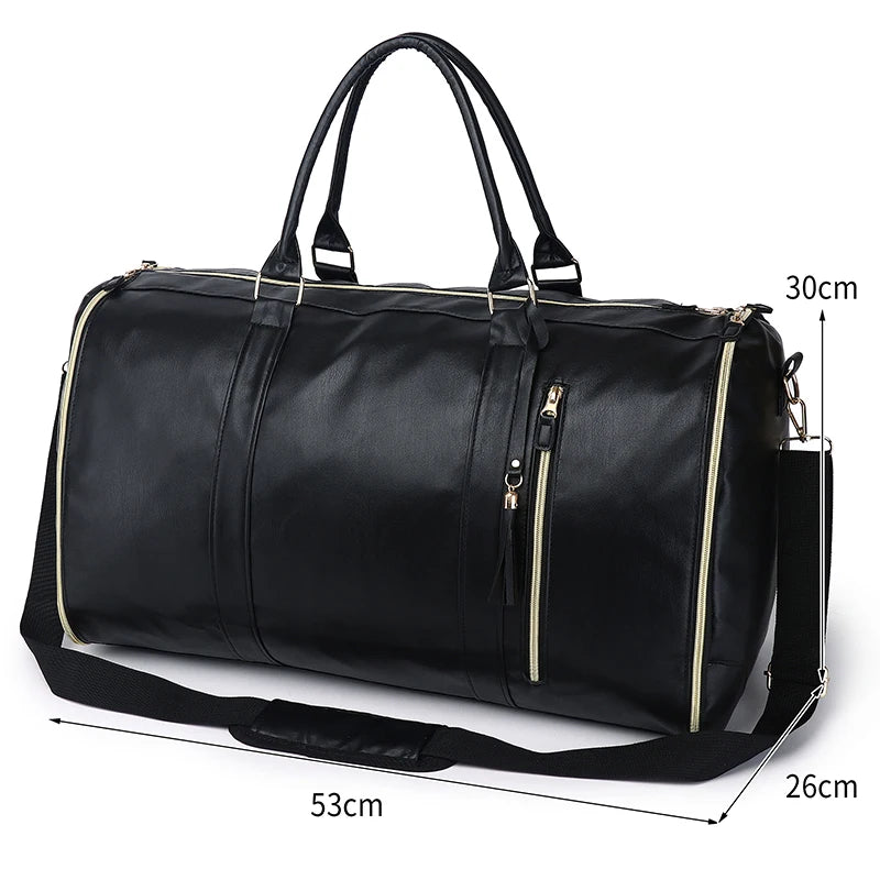 Black duffel bag with measurements on a white background