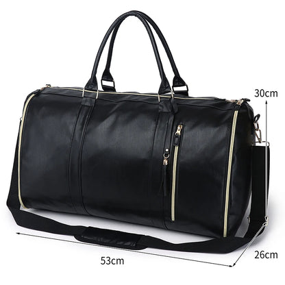 Black duffel bag with measurements on a white background