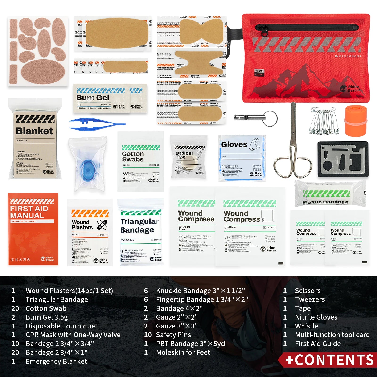 Collection of first aid kit contents including bandages, gauze, and tools on a white background.